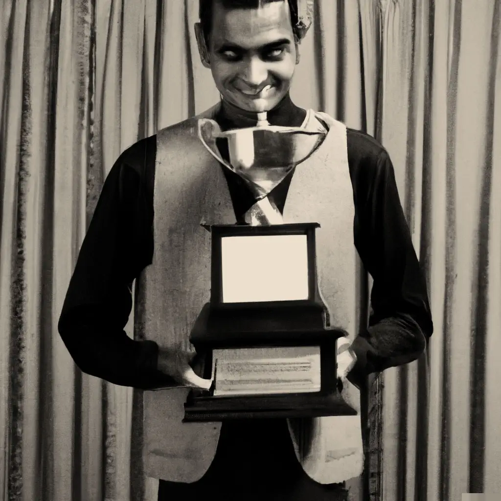 creepy graphic of a man eagerly holding a first place trophy