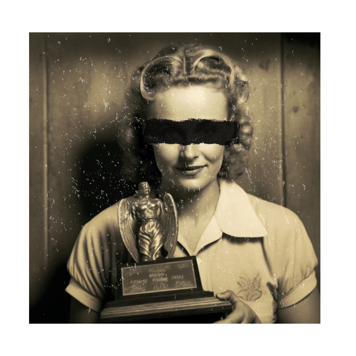 sepia photograph of a woman dressed in a 1950s style holding an award with her eyes scribbled out by black ink