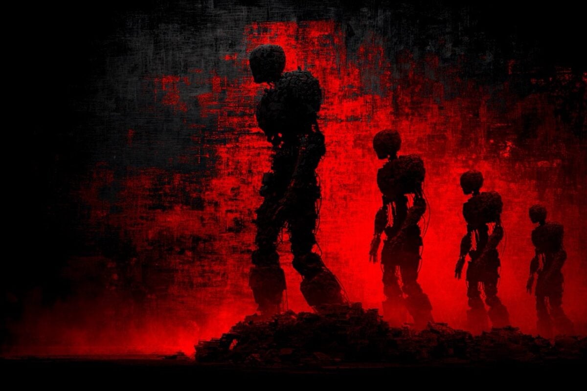 1940s robots growing and walking like the evolution of man. Choosing. Making a choice. High end portrait photography with silhouette. red hairlight glow. black background. --ar 3:2 --sref 4734923173 --v 7 Job ID: 185ca462-1892-46d4-b17b-7a3a6b51adec